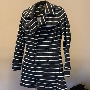 Banana Republic Blue and White Striped Trench Coat, Size small